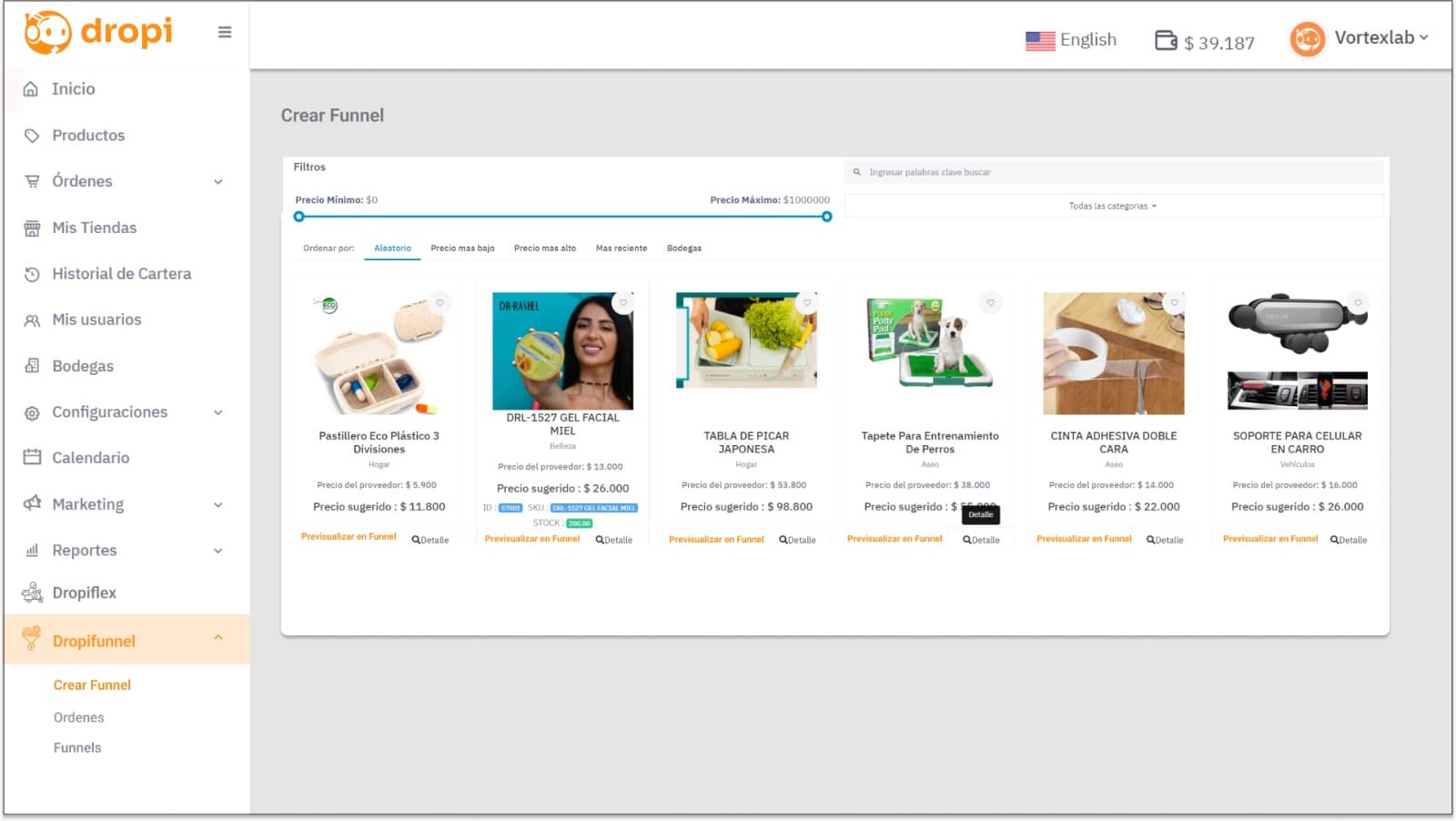 Dropi Funnel interface